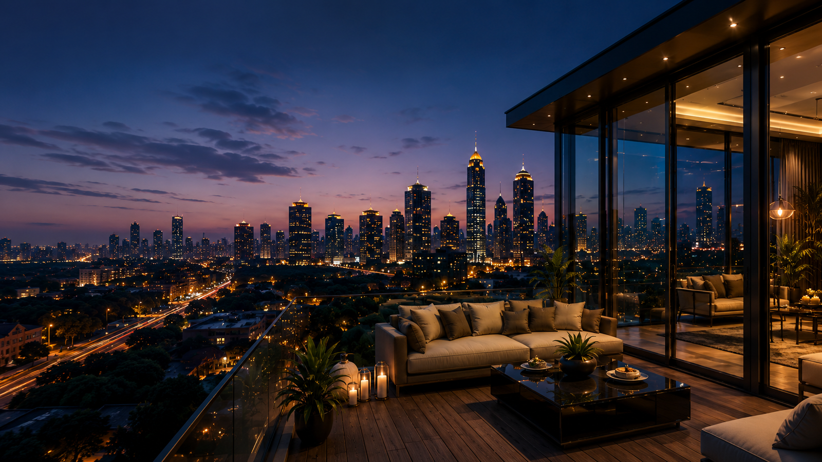 Luxury terrace overlooking the city skyline at dusk